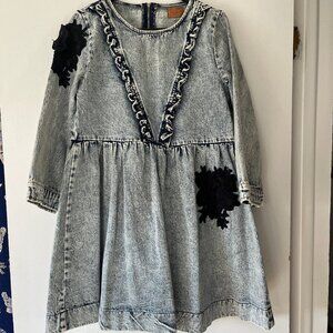 POL Vintage Washed Denim Dress with Black Floral Patchwork - size Small